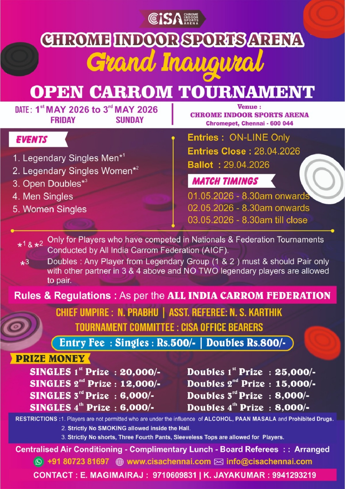CISA Grand Inaugural Open Carrom Tournament Poster